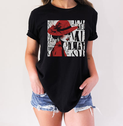 Lady in Red Shirt Unisex Adult Sizing