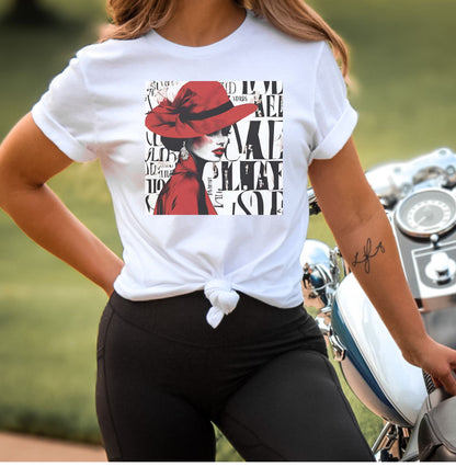 Lady in Red Shirt Unisex Adult Sizing