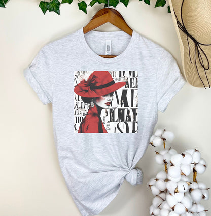 Lady in Red Shirt Unisex Adult Sizing