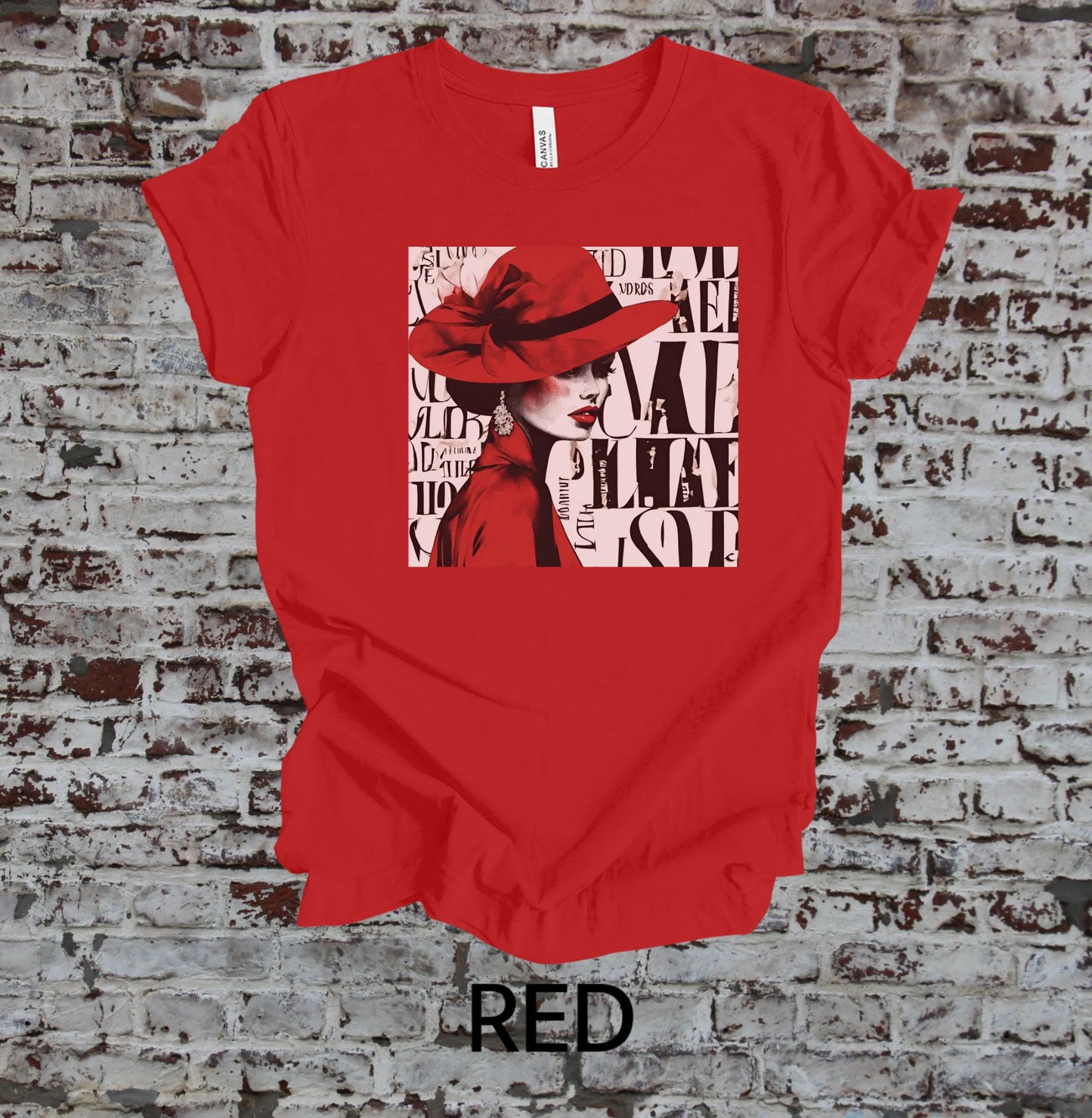 Lady in Red Shirt Unisex Adult Sizing